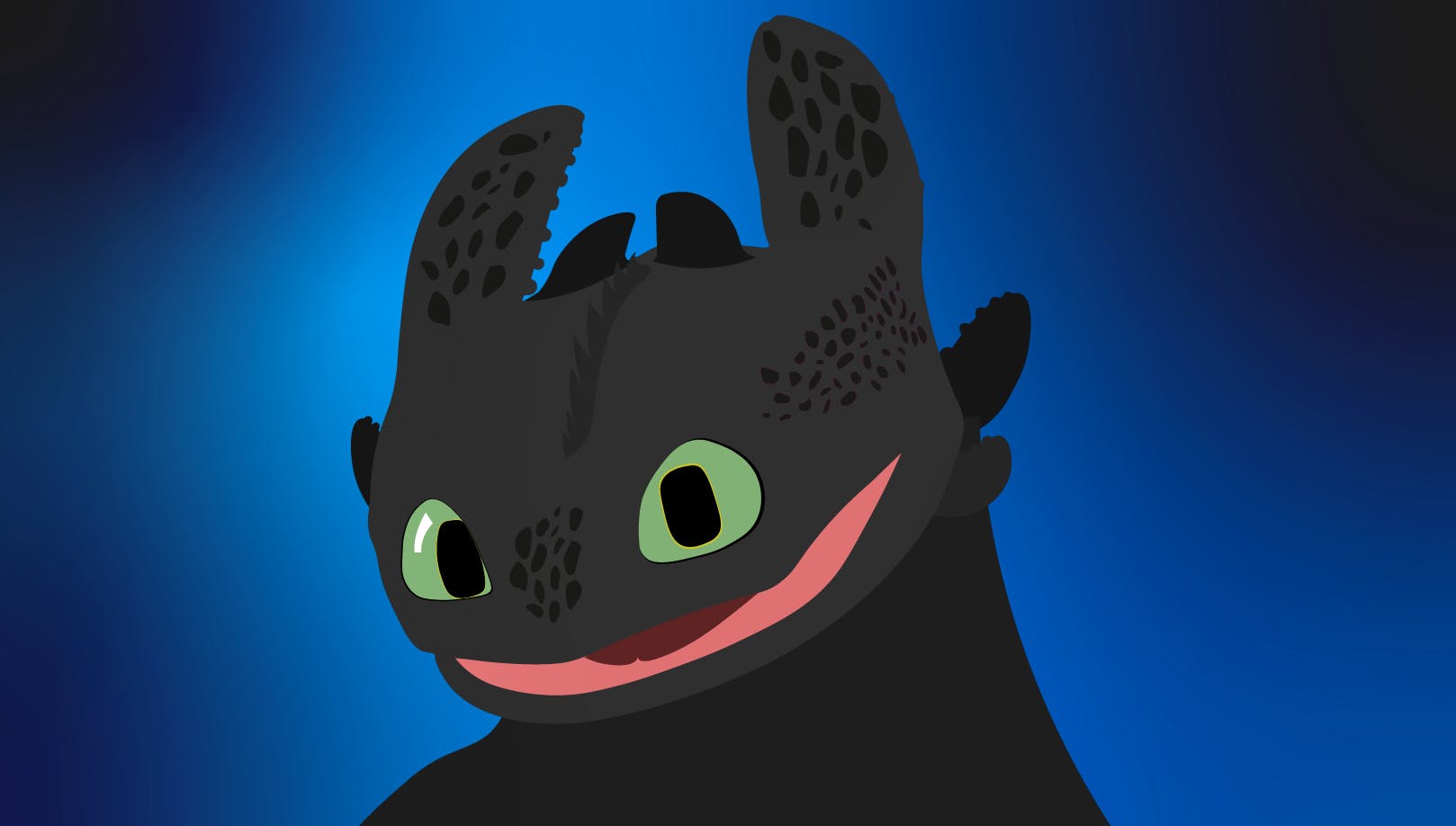 Toothless, a sleek, black, catlike dragon, grins at the viewer
